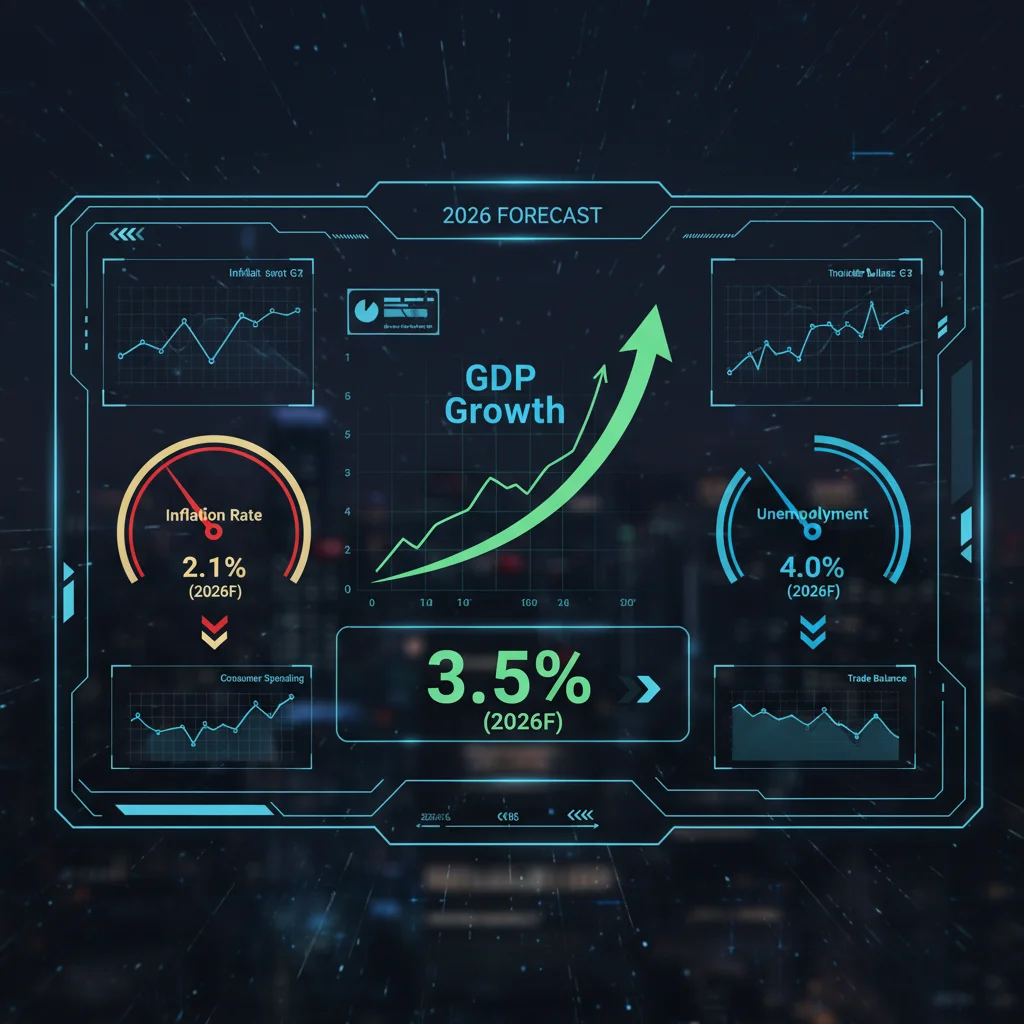 Economic indicators dashboard showing GDP, inflation, unemployment trends and 2026 forecasts.