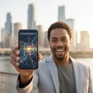 Smiling person using a commute optimization app on a smartphone with a city background