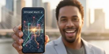 Smiling person using a commute optimization app on a smartphone with a city background