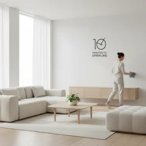 A sparkling clean living room with a clock showing 10 minutes, representing an efficient daily cleaning routine.