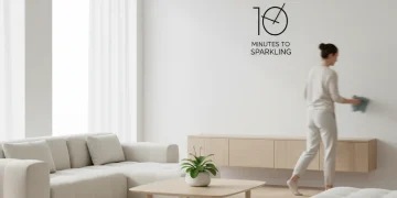 A sparkling clean living room with a clock showing 10 minutes, representing an efficient daily cleaning routine.