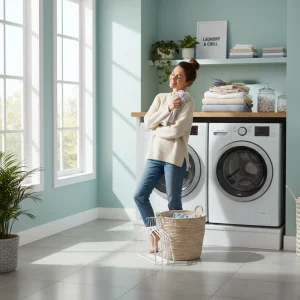 Modern laundry room with fresh laundry and a smiling person, symbolizing efficient laundry day.
