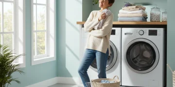 Modern laundry room with fresh laundry and a smiling person, symbolizing efficient laundry day.