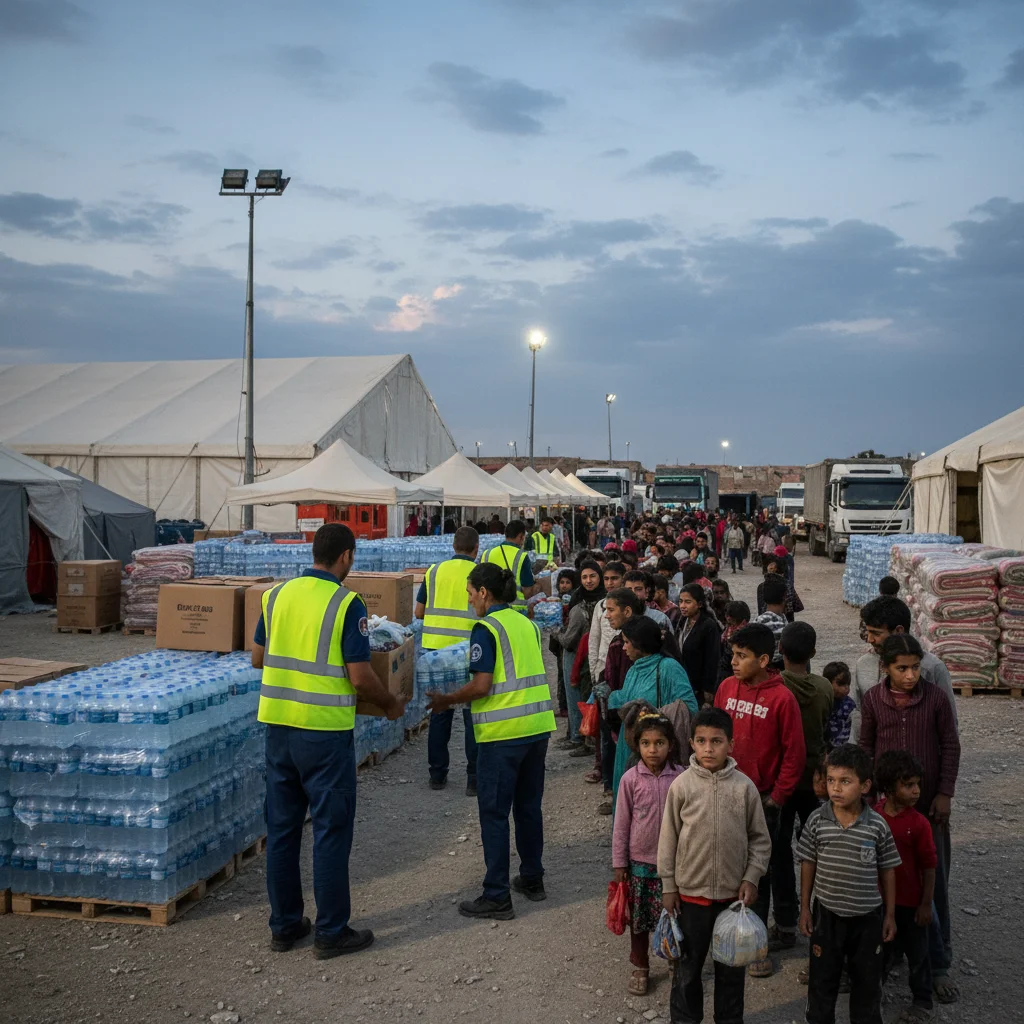 Emergency responders providing aid in a temporary disaster shelter.