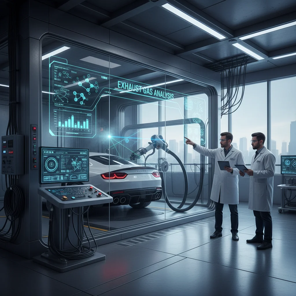 Engineers analyzing vehicle exhaust emissions in a laboratory setting