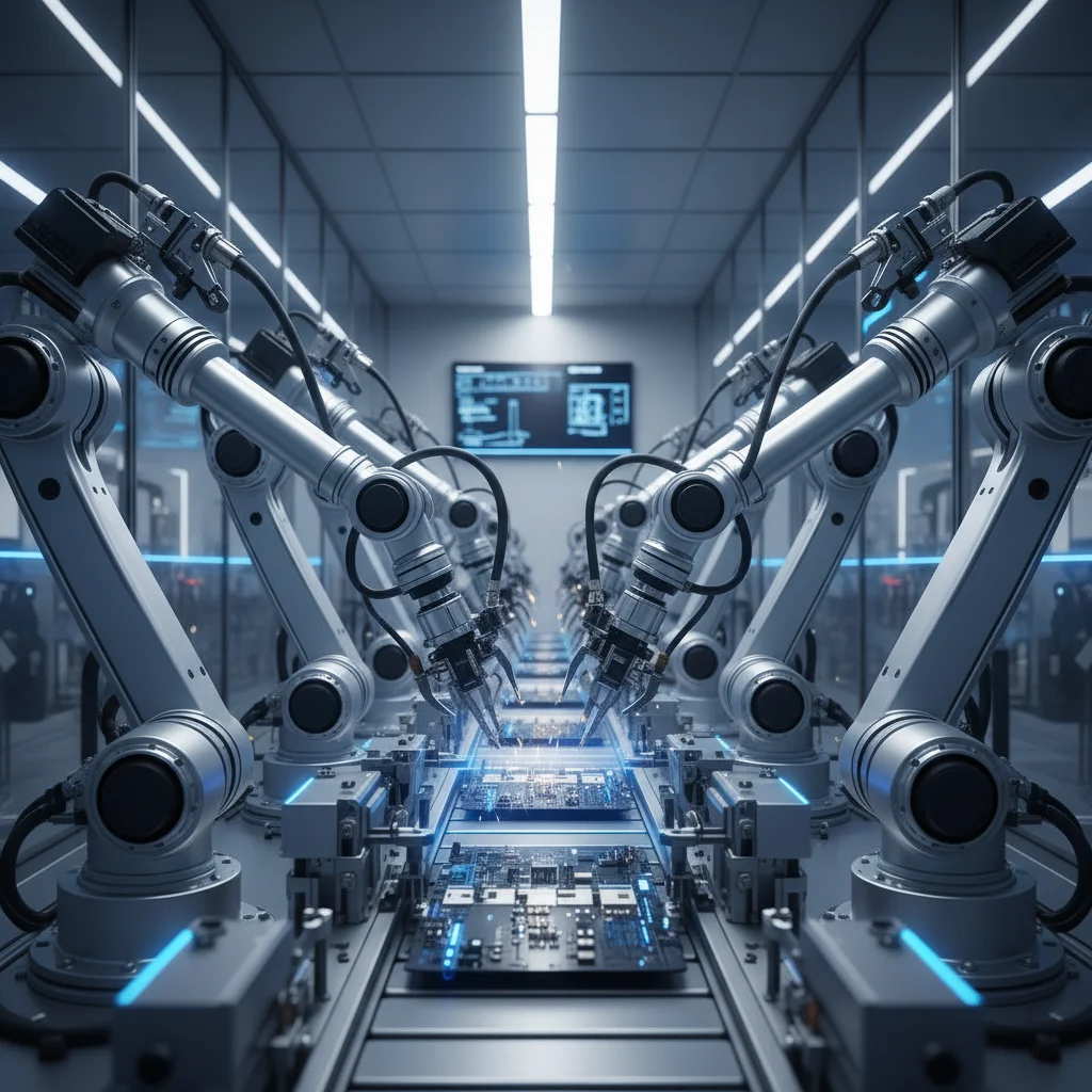 Robotic arms on an automated assembly line in a high-tech manufacturing facility.