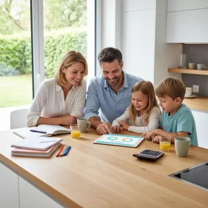 Family happily reviewing household budget on a tablet, symbolizing easy financial planning.