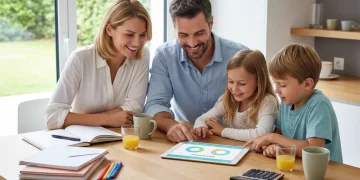 Family happily reviewing household budget on a tablet, symbolizing easy financial planning.
