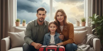 Family preparing for natural disaster with emergency kit