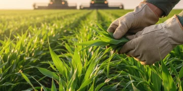 Farmer inspecting healthy crops in a field, symbolizing agricultural growth and future policy impact.
