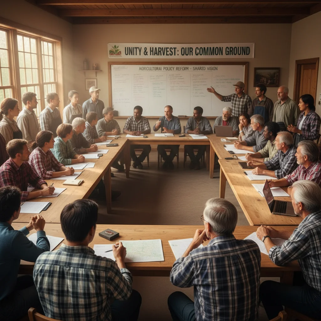 Diverse group of farmers collaborating on agricultural policy discussions.