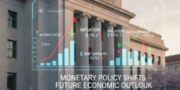Federal Reserve building with overlay of rising interest rate charts and economic data, symbolizing monetary policy shifts and future economic outlook.