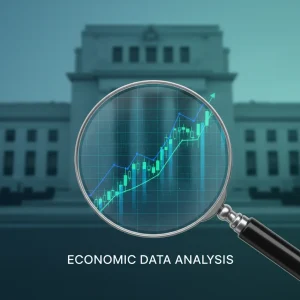Financial graph with magnifying glass over Federal Reserve building, symbolizing economic analysis and interest rate decisions.
