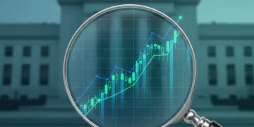 Financial graph with magnifying glass over Federal Reserve building, symbolizing economic analysis and interest rate decisions.