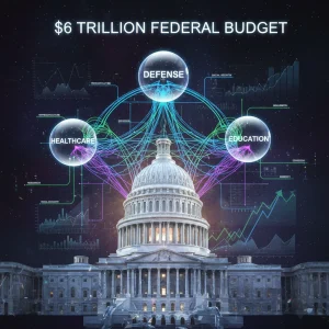 Government Spending 2026: Analyzing the $6 Trillion Federal Budget Futuristic visualization of the $6 trillion US federal budget for 2026, showing interconnected spending categories.