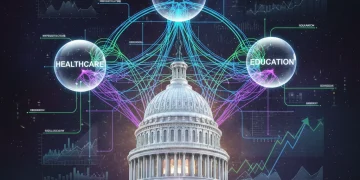 Futuristic visualization of the $6 trillion US federal budget for 2026, showing interconnected spending categories.