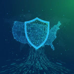 Digital shield over US map representing federal data privacy law