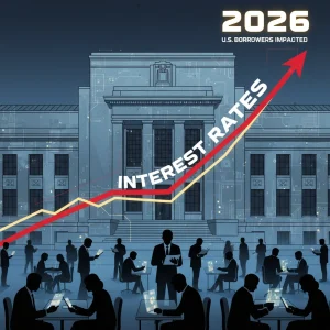 Federal Reserve's 2026 Interest Rate Outlook: Impact on US Borrowers Federal Reserve building with rising interest rate graph and silhouettes of people, symbolizing financial impact in 2026.