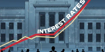 Federal Reserve building with rising interest rate graph and silhouettes of people, symbolizing financial impact in 2026.