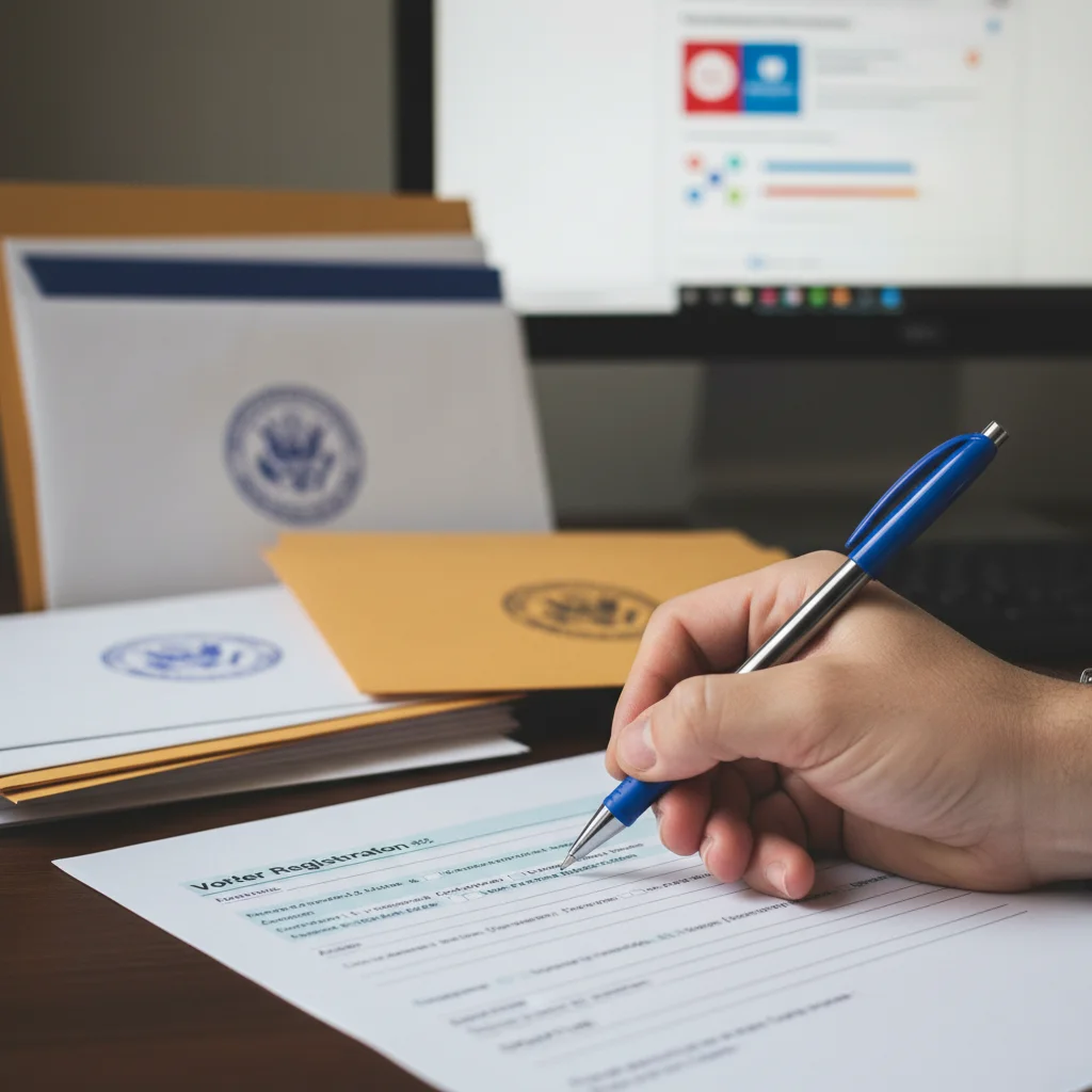 Person filling out a voter registration form, highlighting the registration process.