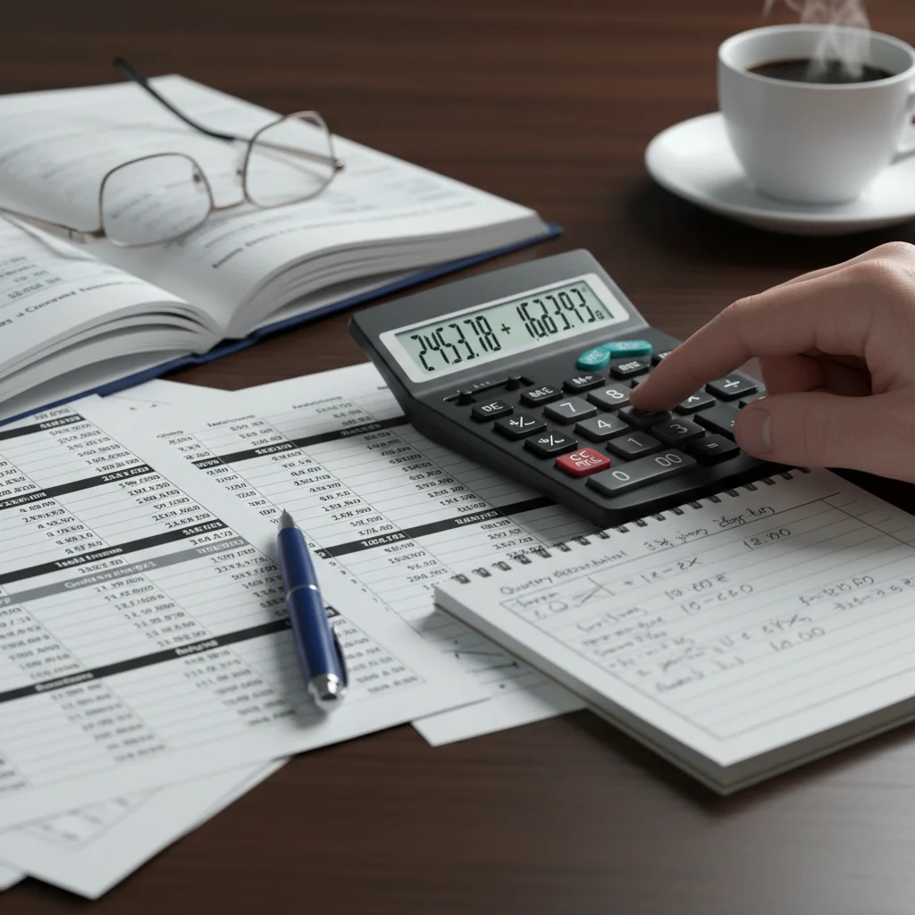 Hand calculating figures on a desk with financial reports.