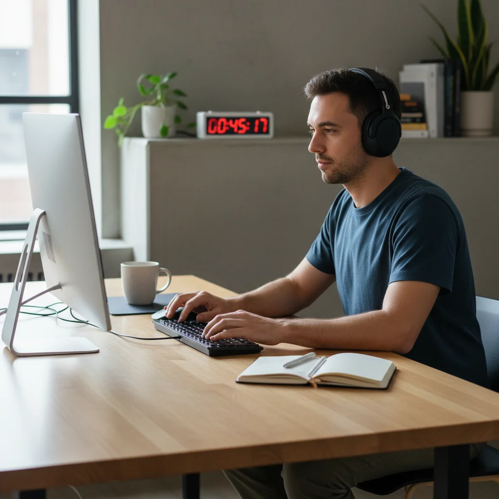 Focused individual using a timer for productive work