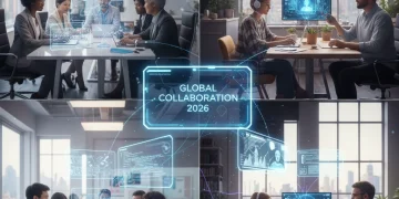 Professionals collaborating in a hybrid work environment, showcasing remote and in-office integration.
