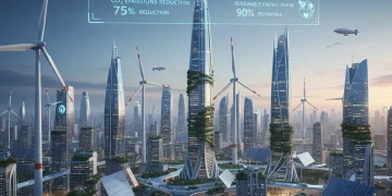 Futuristic city with wind turbines and solar panels, representing new EPA emissions standards
