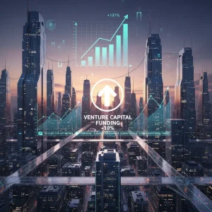 Futuristic cityscape with digital growth charts showing a 10% increase in tech venture capital funding for Q2 2026.