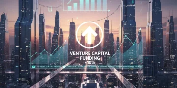 Futuristic cityscape with digital growth charts showing a 10% increase in tech venture capital funding for Q2 2026.