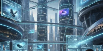 Futuristic digital marketing landscape with AR and AI integration for 2026 strategies