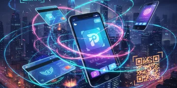 Futuristic digital payment ecosystem with mobile apps, contactless cards, and data streams