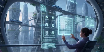 Future-ready individual efficiently managing tasks with holographic technology, symbolizing reduced weekly errands and increased free time.