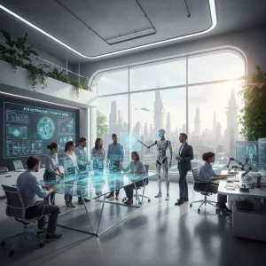 Futuristic office with diverse professionals and AI integration