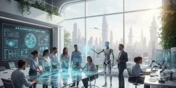 Futuristic office with diverse professionals and AI integration