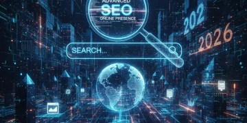 Futuristic digital landscape representing advanced SEO strategy for 2026