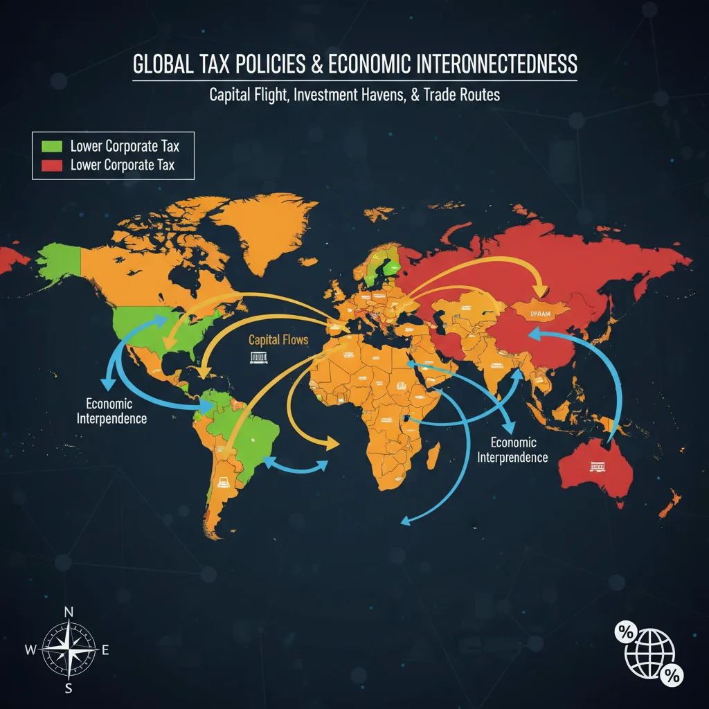 World map illustrating global corporate tax rates and capital flows between countries.