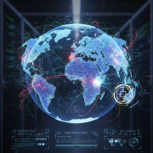 Global digital network illustrating U.S. national security threats and interconnected international relations.