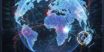 Global digital network illustrating U.S. national security threats and interconnected international relations.