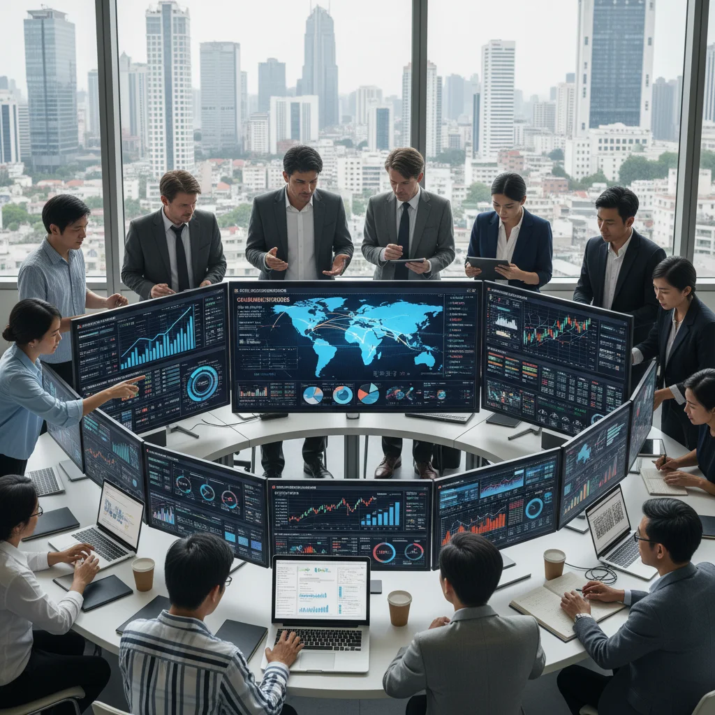 Diverse team analyzing global financial data, emphasizing collaborative investment strategies and emerging market opportunities.