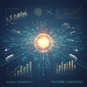 Global supply chain network with digital overlay, representing optimized logistics and economic adaptation.