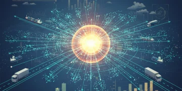Global supply chain network with digital overlay, representing optimized logistics and economic adaptation.