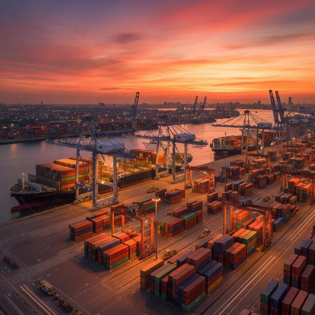 Container ships at a busy port, symbolizing global supply chains and trade volume.