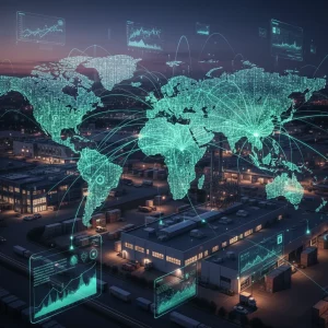 Global supply chain network with digital overlay, representing data and interconnectedness, emphasizing U.S. industrial resilience.