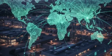 Global supply chain network with digital overlay, representing data and interconnectedness, emphasizing U.S. industrial resilience.