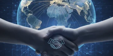 Global trade map with US highlighted, signifying upcoming trade agreements and international cooperation.