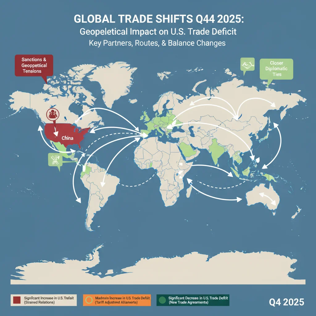 World map showing U.S. trade partners and key trade routes, highlighting regional impacts on the deficit.