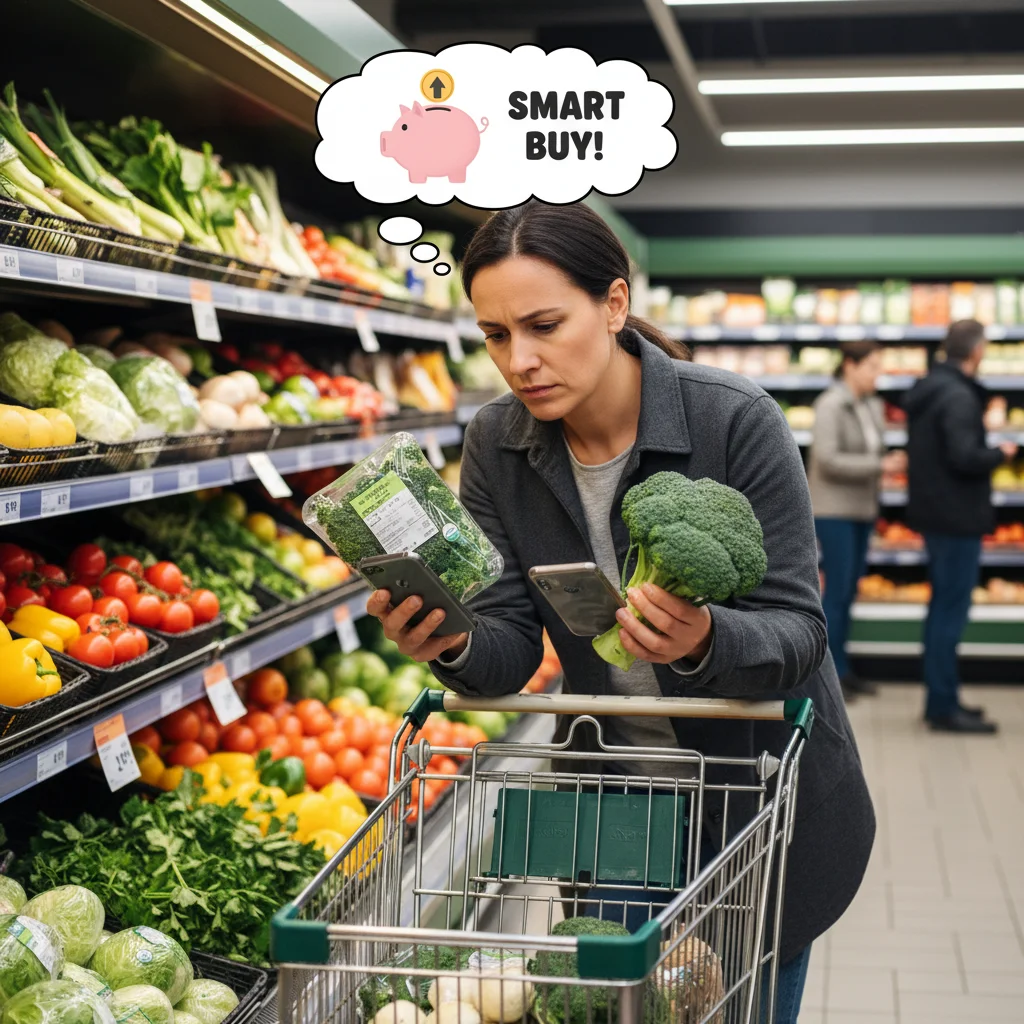 Person comparing prices in grocery store aisle.