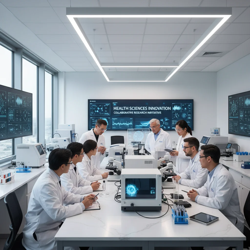 Healthcare professionals collaborating in a modern lab with advanced medical equipment.
