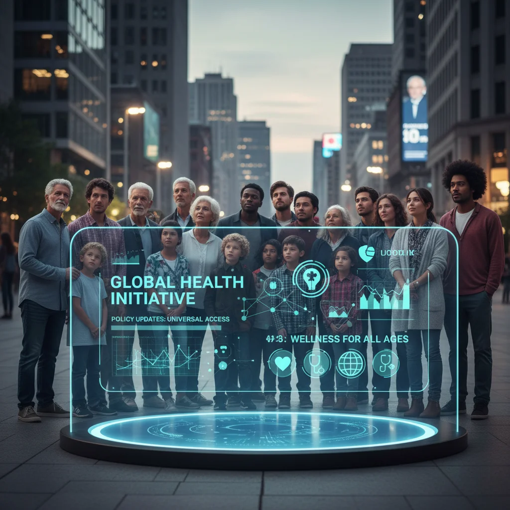 Diverse group viewing digital healthcare policy updates, reflecting societal impact